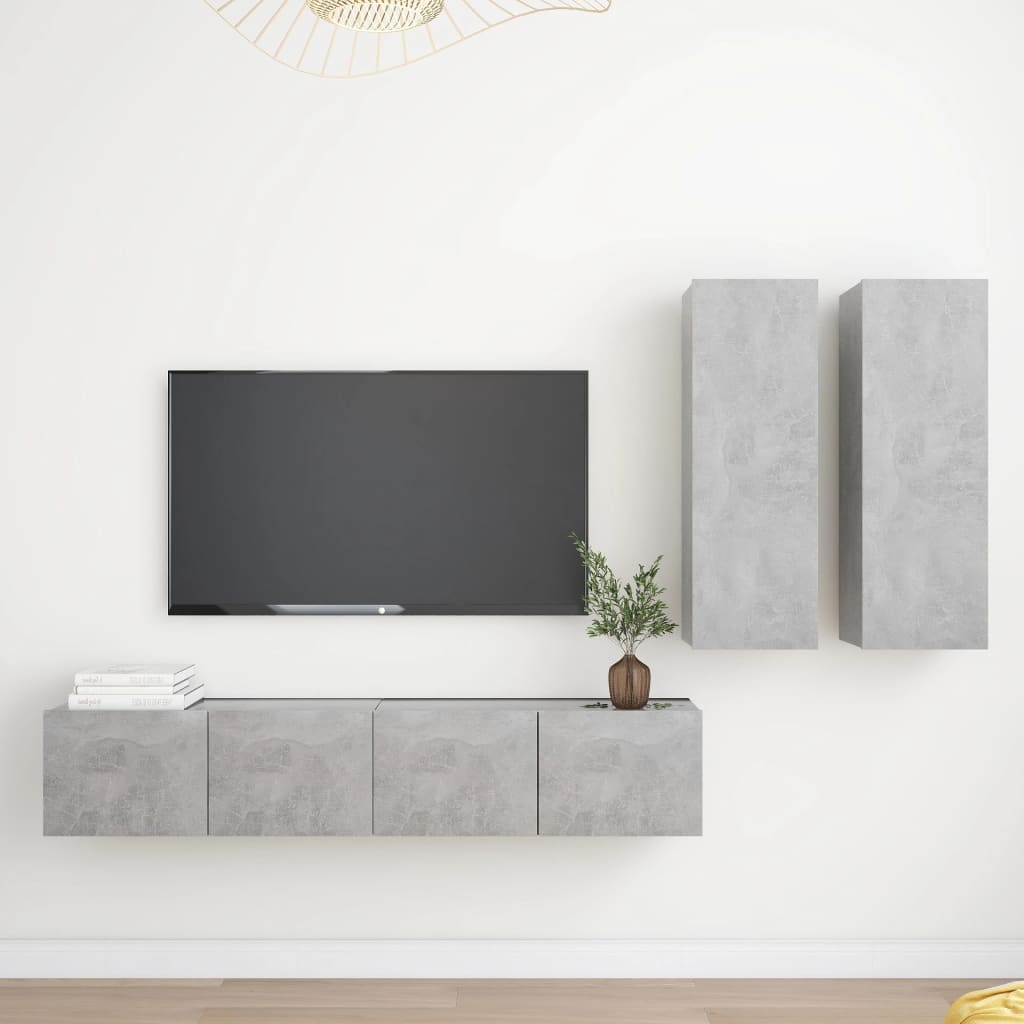 vidaXL Set de dulapuri TV, 4 piese, gri beton, lemn prelucrat vidaXL Set de dulapuri TV, 4 piese, gri beton, lemn prelucrat