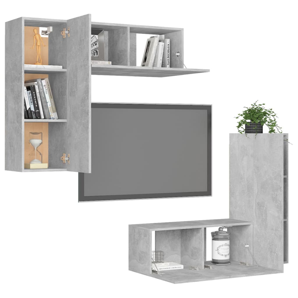 vidaXL Set de dulapuri TV, 4 piese, gri beton, lemn prelucrat vidaXL Set de dulapuri TV, 4 piese, gri beton, lemn prelucrat