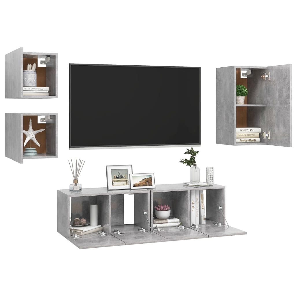 vidaXL Set de dulapuri TV, 5 piese, gri beton, lemn prelucrat vidaXL Set de dulapuri TV, 5 piese, gri beton, lemn prelucrat