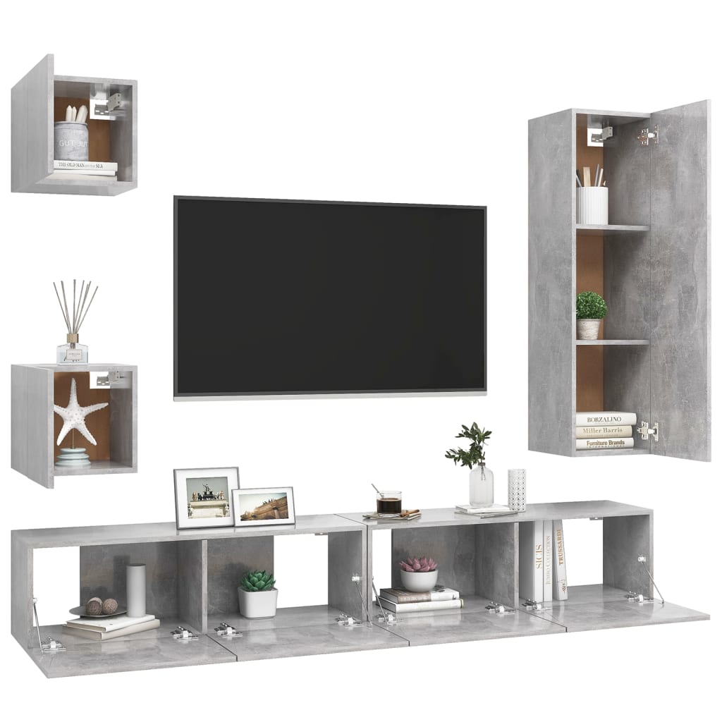vidaXL Set de dulapuri TV, 5 piese, gri beton, lemn prelucrat vidaXL Set de dulapuri TV, 5 piese, gri beton, lemn prelucrat