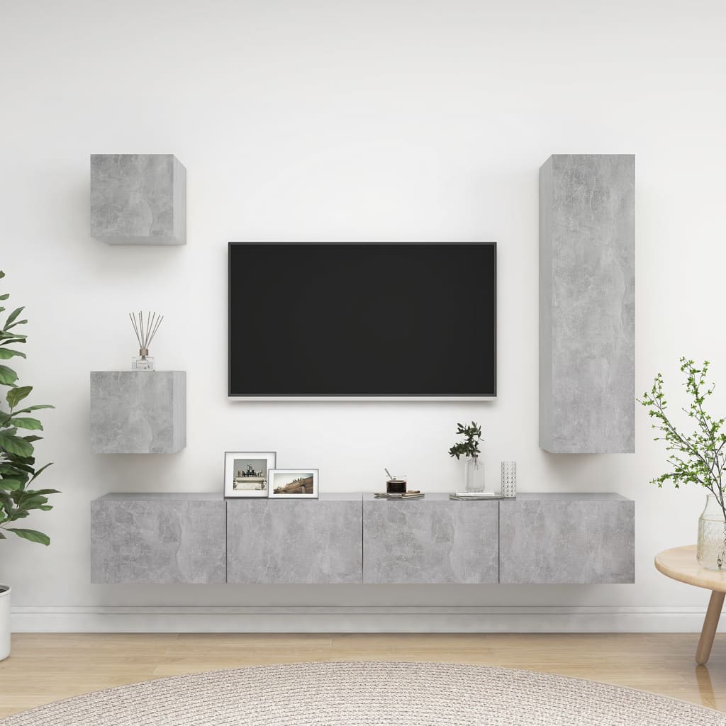 vidaXL Set de dulapuri TV, 5 piese, gri beton, lemn prelucrat vidaXL Set de dulapuri TV, 5 piese, gri beton, lemn prelucrat