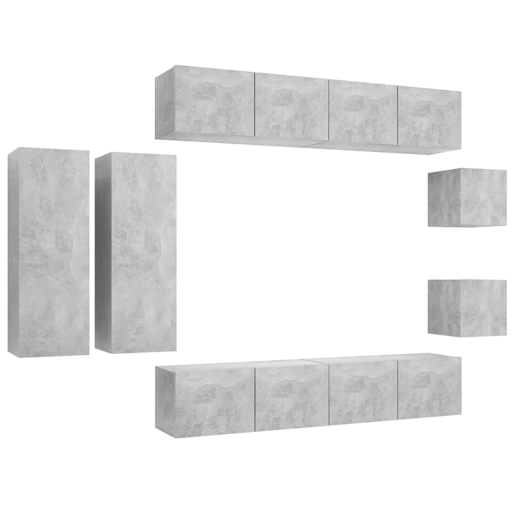 vidaXL Set de dulapuri TV, 8 piese, gri beton, lemn prelucrat vidaXL Set de dulapuri TV, 8 piese, gri beton, lemn prelucrat