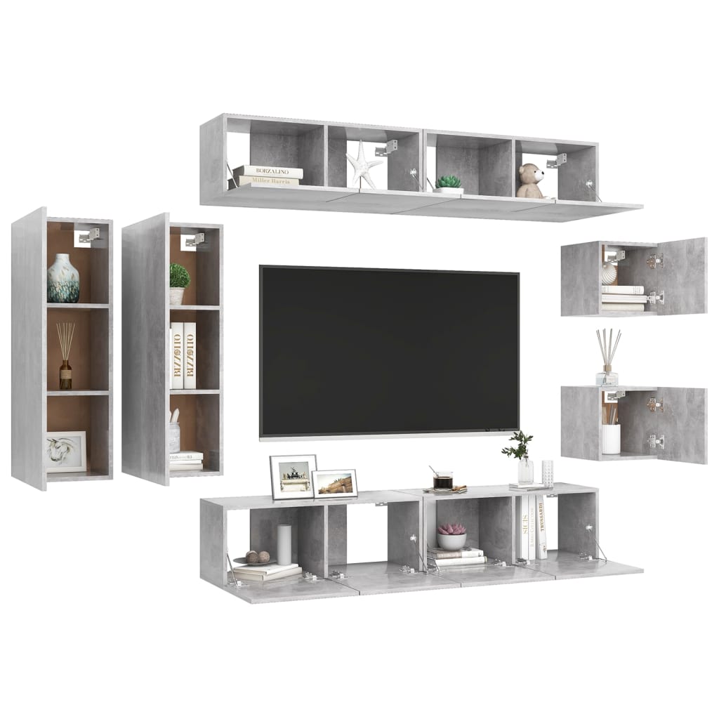 vidaXL Set de dulapuri TV, 8 piese, gri beton, lemn prelucrat vidaXL Set de dulapuri TV, 8 piese, gri beton, lemn prelucrat