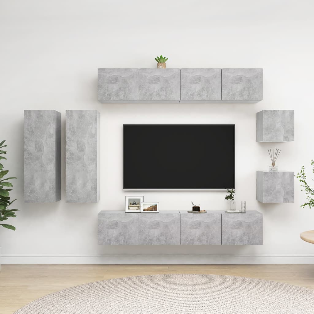 vidaXL Set de dulapuri TV, 8 piese, gri beton, lemn prelucrat vidaXL Set de dulapuri TV, 8 piese, gri beton, lemn prelucrat