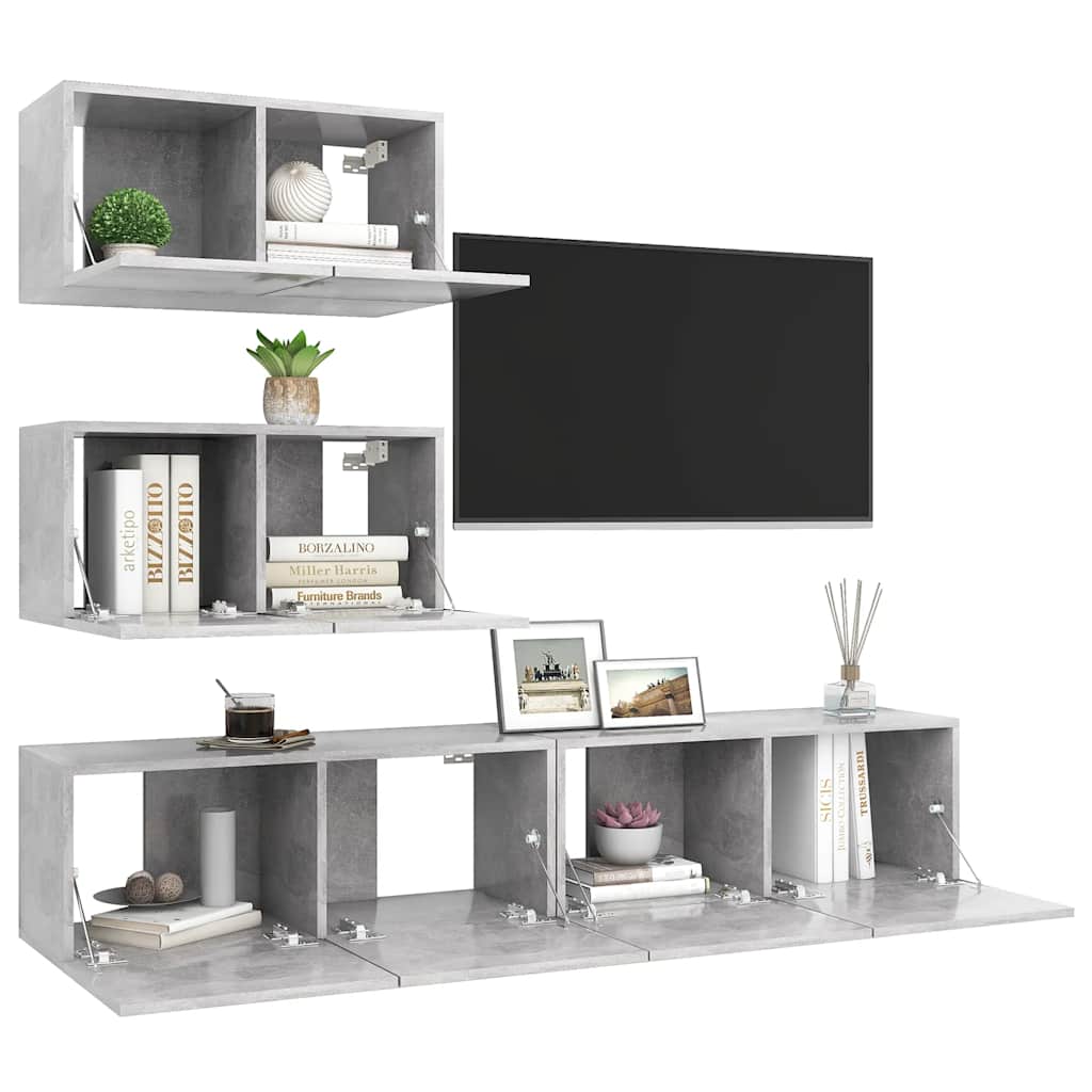 vidaXL Set de dulapuri TV, 4 piese, gri beton, lemn prelucrat vidaXL Set de dulapuri TV, 4 piese, gri beton, lemn prelucrat