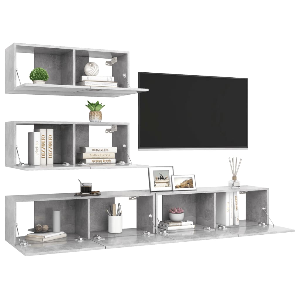 vidaXL Set de dulapuri TV, 4 piese, gri beton, lemn prelucrat vidaXL Set de dulapuri TV, 4 piese, gri beton, lemn prelucrat