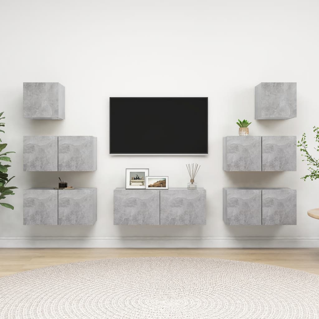vidaXL Set de dulapuri TV, 7 piese, gri beton, lemn prelucrat vidaXL Set de dulapuri TV, 7 piese, gri beton, lemn prelucrat
