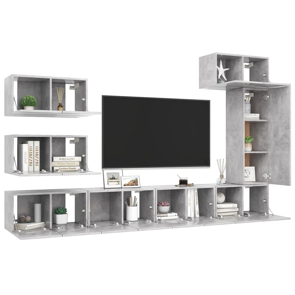 vidaXL Set de dulapuri TV, 8 piese, gri beton, lemn prelucrat vidaXL Set de dulapuri TV, 8 piese, gri beton, lemn prelucrat