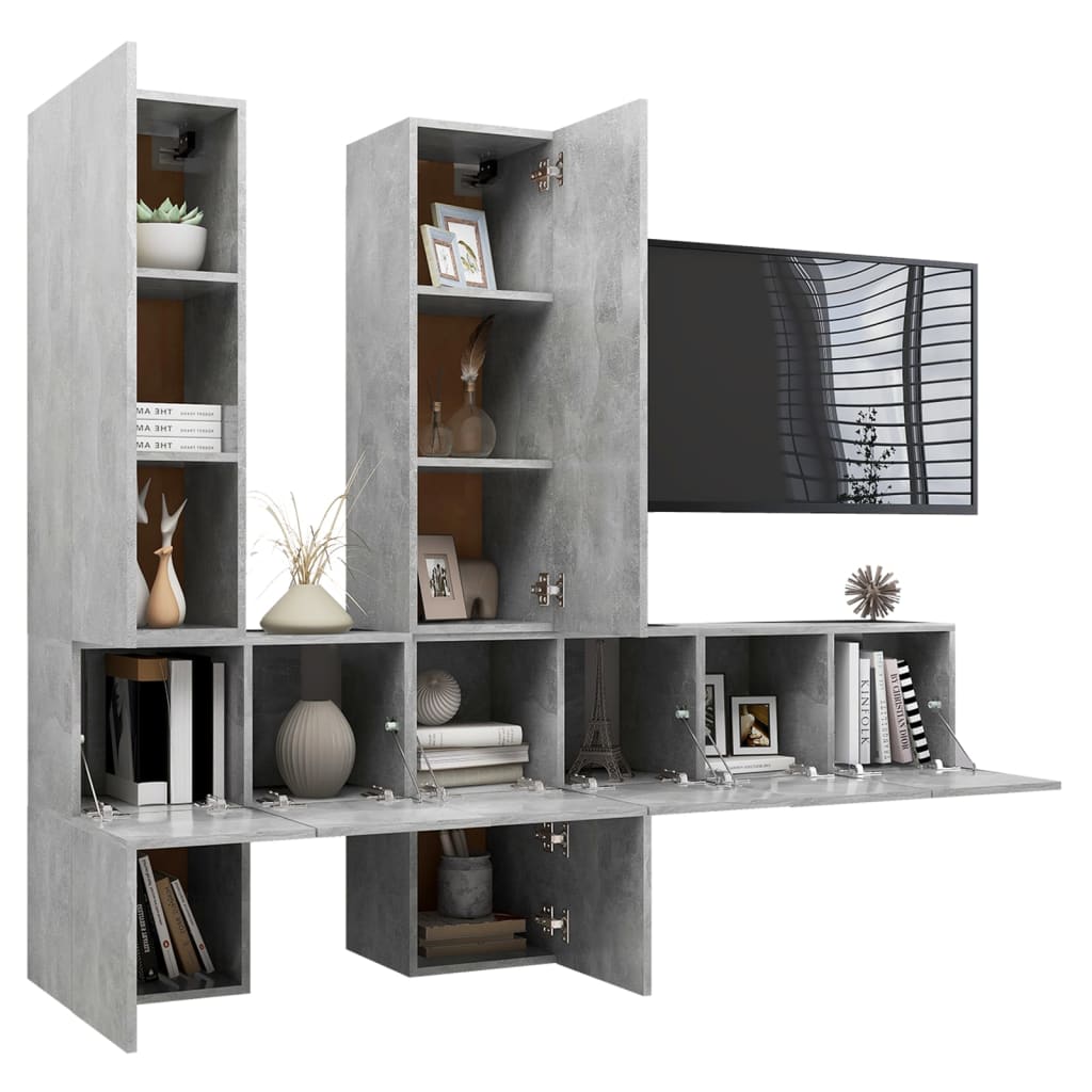 vidaXL Set de dulapuri TV, 7 piese, gri beton, lemn prelucrat vidaXL Set de dulapuri TV, 7 piese, gri beton, lemn prelucrat