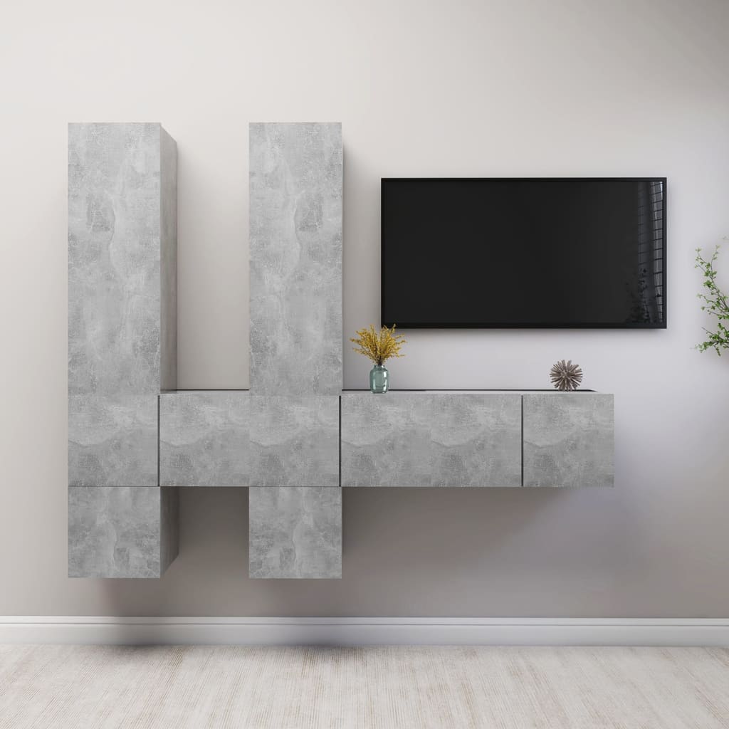 vidaXL Set de dulapuri TV, 7 piese, gri beton, lemn prelucrat vidaXL Set de dulapuri TV, 7 piese, gri beton, lemn prelucrat