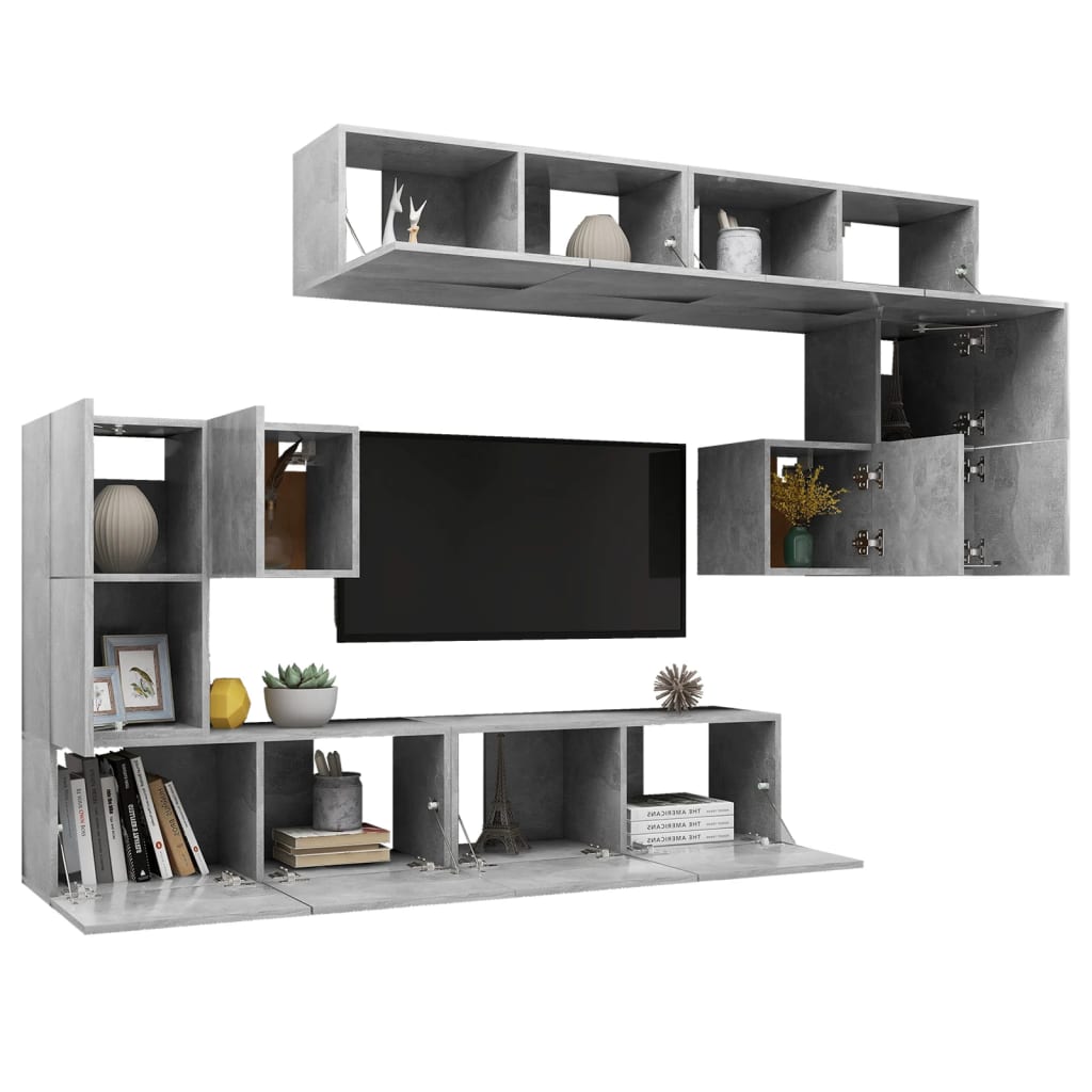 vidaXL Set de dulapuri TV, 8 piese, gri beton, lemn prelucrat vidaXL Set de dulapuri TV, 8 piese, gri beton, lemn prelucrat