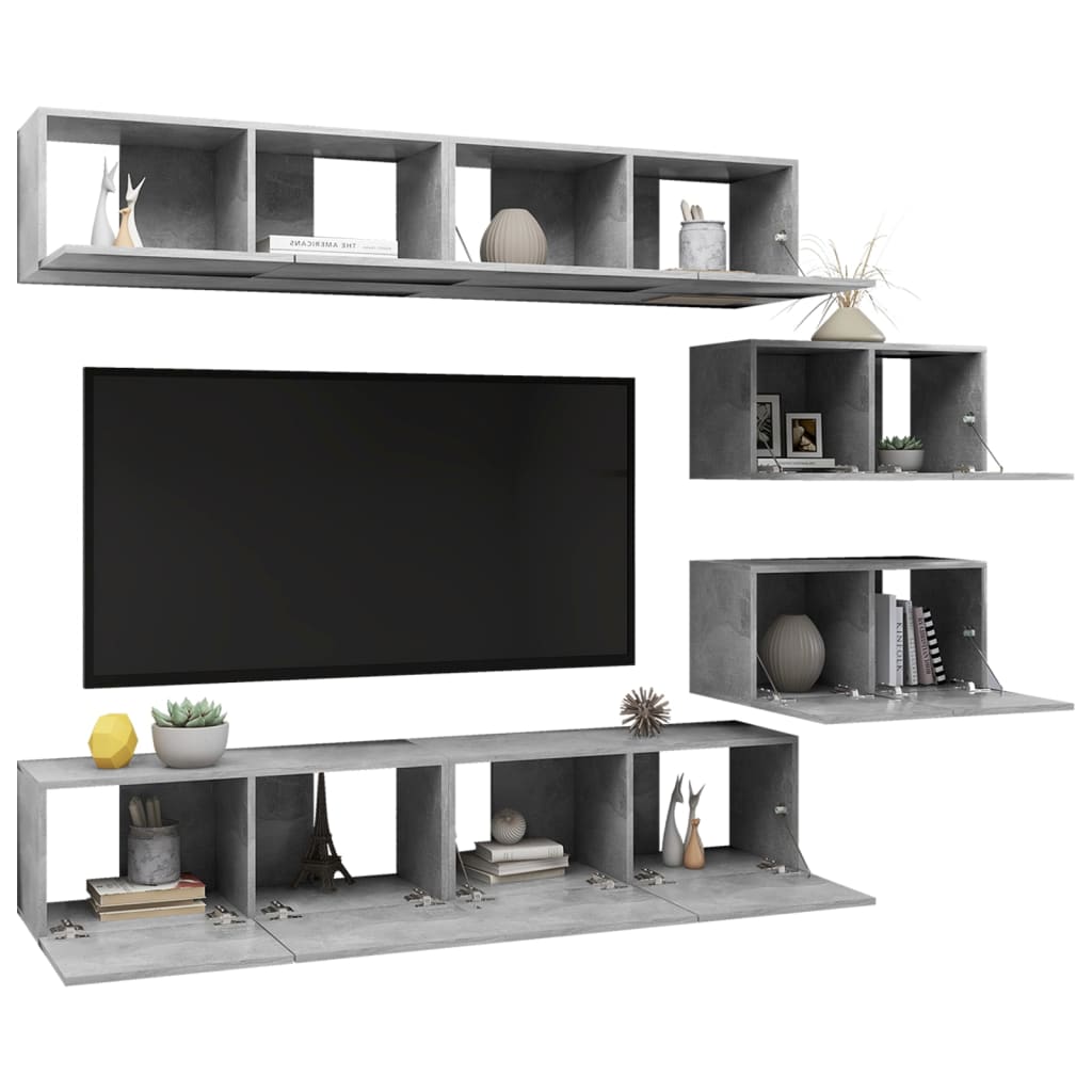 vidaXL Set de dulapuri TV, 6 piese, gri beton, lemn prelucrat vidaXL Set de dulapuri TV, 6 piese, gri beton, lemn prelucrat