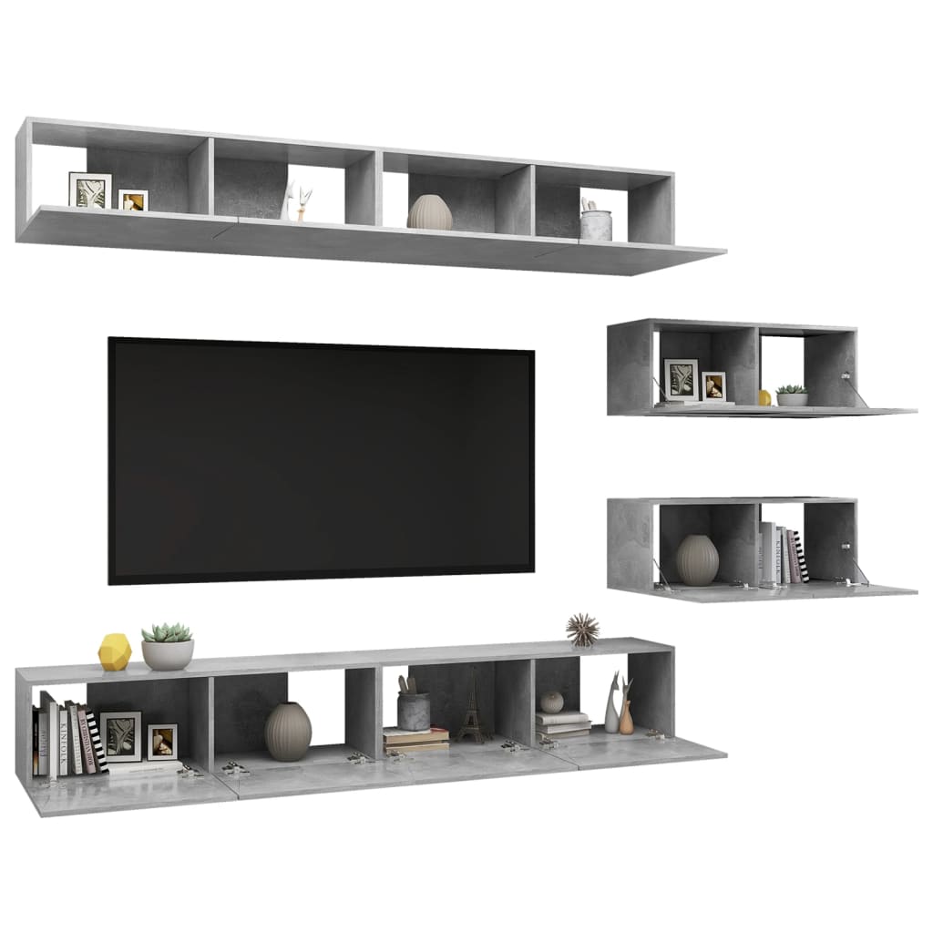 vidaXL Set de dulapuri TV, 6 piese, gri beton, lemn prelucrat vidaXL Set de dulapuri TV, 6 piese, gri beton, lemn prelucrat