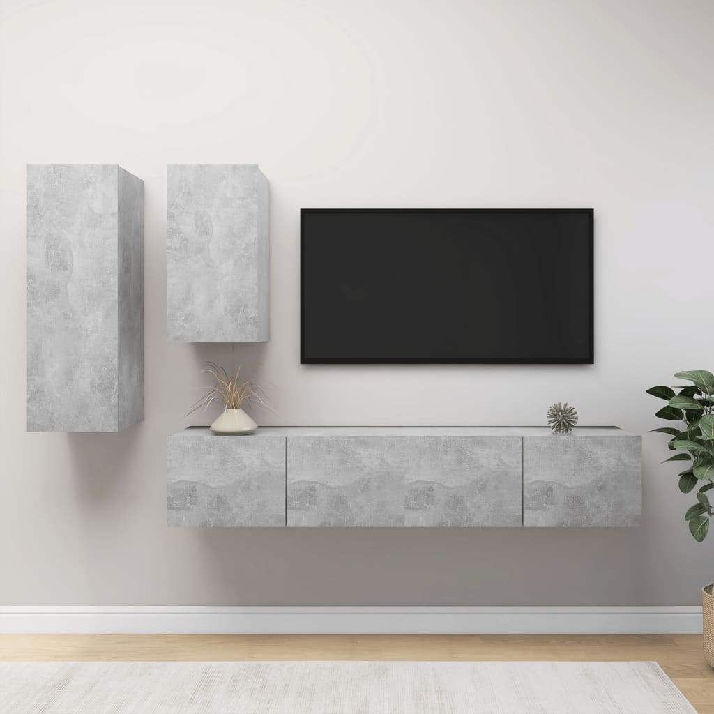 vidaXL Set de dulapuri TV, 4 piese, gri beton, lemn prelucrat vidaXL Set de dulapuri TV, 4 piese, gri beton, lemn prelucrat