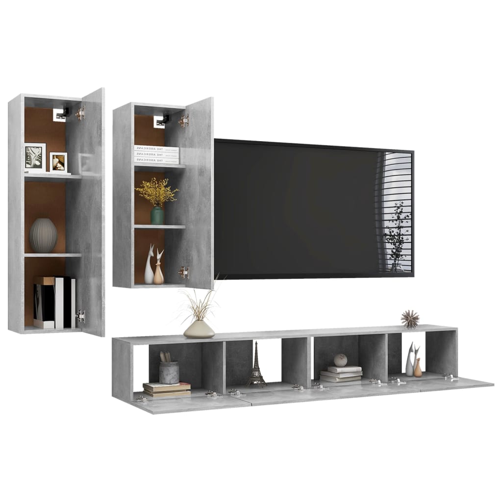 vidaXL Set de dulapuri TV, 4 piese, gri beton, lemn prelucrat vidaXL Set de dulapuri TV, 4 piese, gri beton, lemn prelucrat
