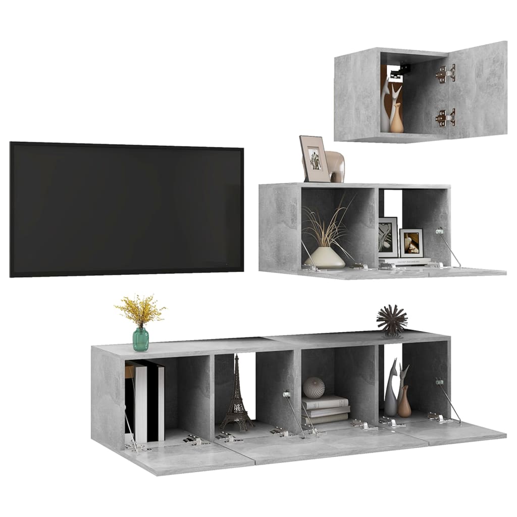 vidaXL Set de dulapuri TV, 4 piese, gri beton, lemn prelucrat vidaXL Set de dulapuri TV, 4 piese, gri beton, lemn prelucrat