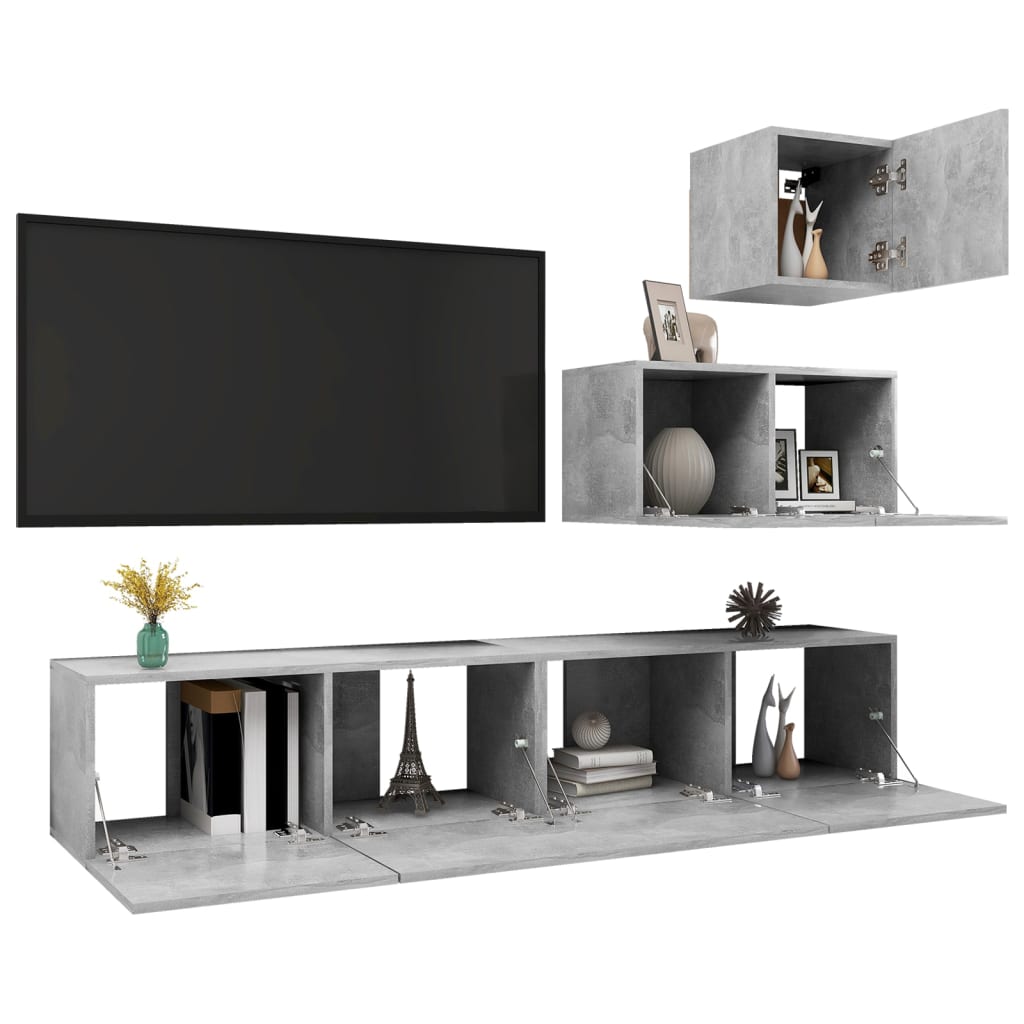 vidaXL Set de dulapuri TV, 4 piese, gri beton, lemn prelucrat vidaXL Set de dulapuri TV, 4 piese, gri beton, lemn prelucrat