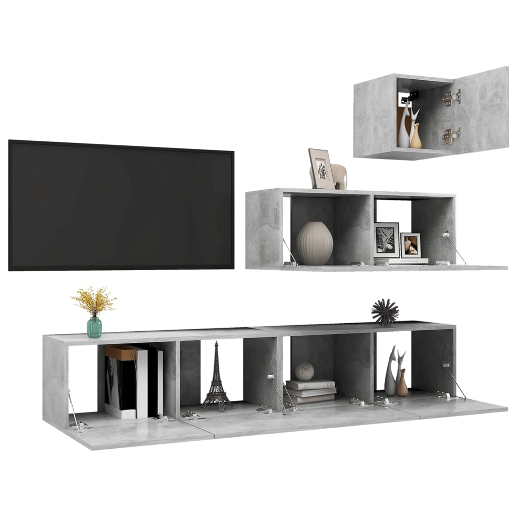vidaXL Set de dulapuri TV, 4 piese, gri beton, lemn prelucrat vidaXL Set de dulapuri TV, 4 piese, gri beton, lemn prelucrat