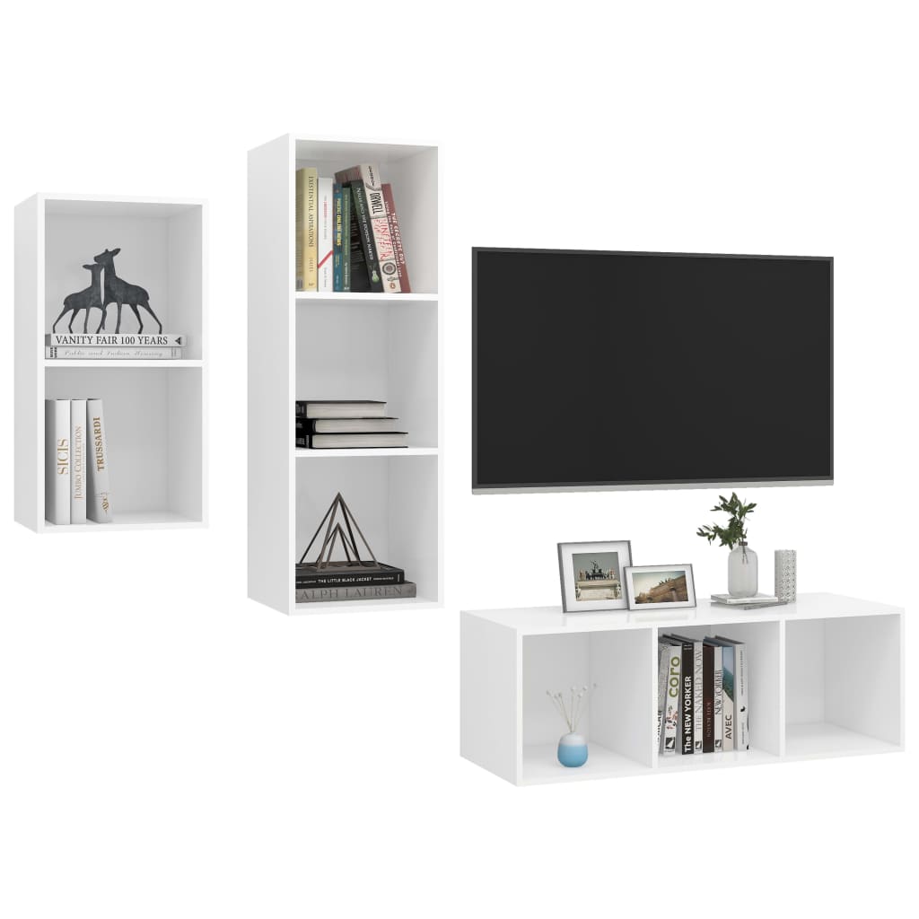 vidaXL Set de dulapuri TV, 3 piese, alb, lemn prelucrat vidaXL Set de dulapuri TV, 3 piese, alb, lemn prelucrat