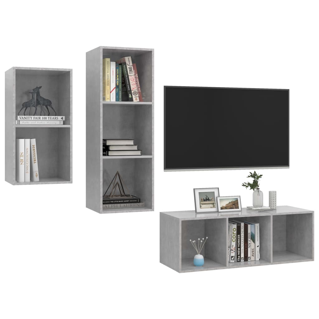 vidaXL Set de dulapuri TV, 3 piese, gri beton, lemn prelucrat vidaXL Set de dulapuri TV, 3 piese, gri beton, lemn prelucrat