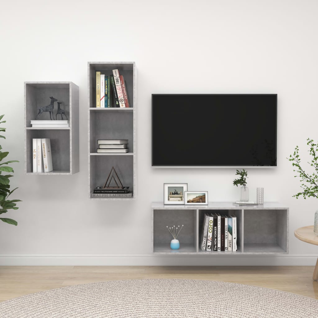 vidaXL Set de dulapuri TV, 3 piese, gri beton, lemn prelucrat vidaXL Set de dulapuri TV, 3 piese, gri beton, lemn prelucrat