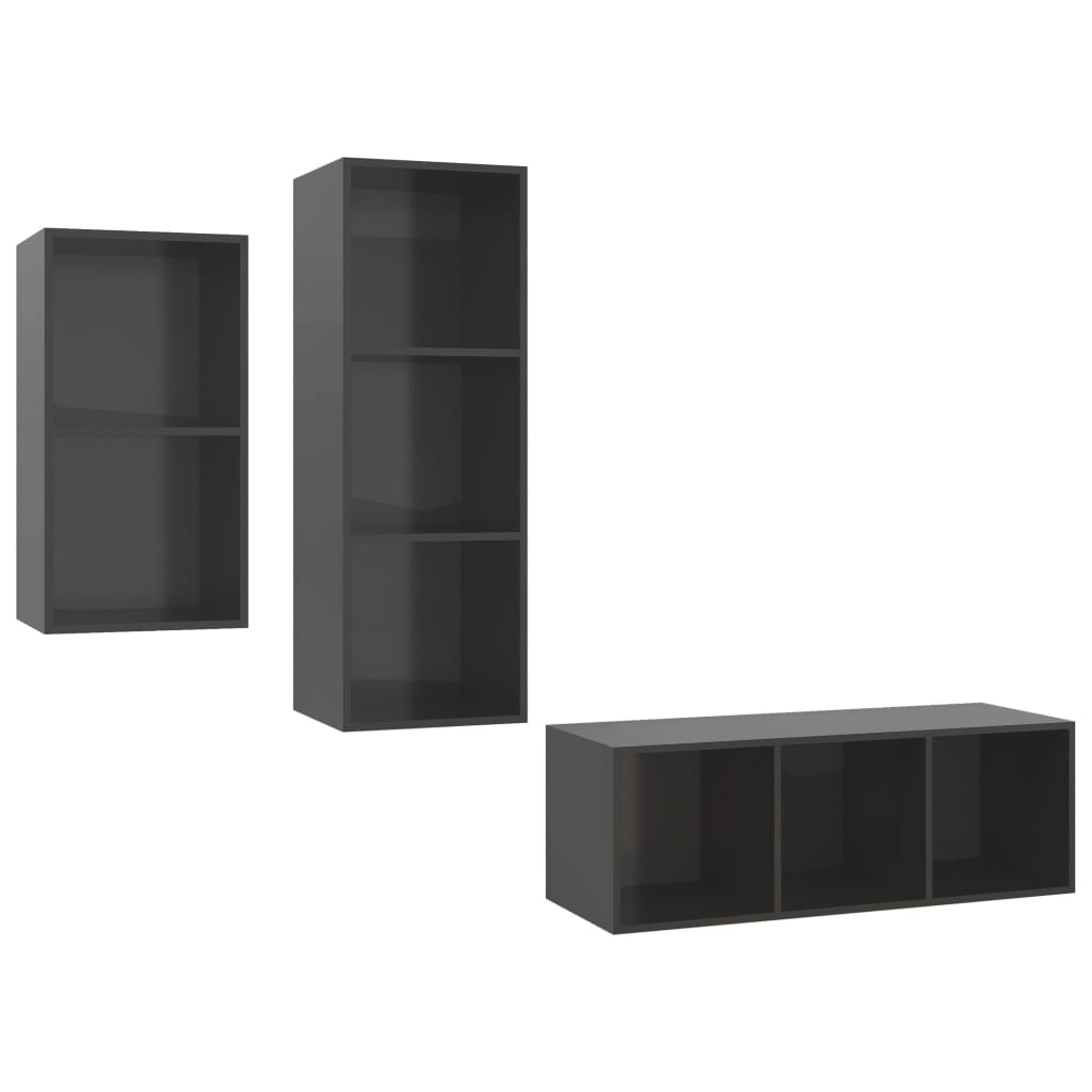 vidaXL Set de dulapuri TV, 3 piese, gri extralucios, lemn prelucrat vidaXL Set de dulapuri TV, 3 piese, gri extralucios, lemn prelucrat