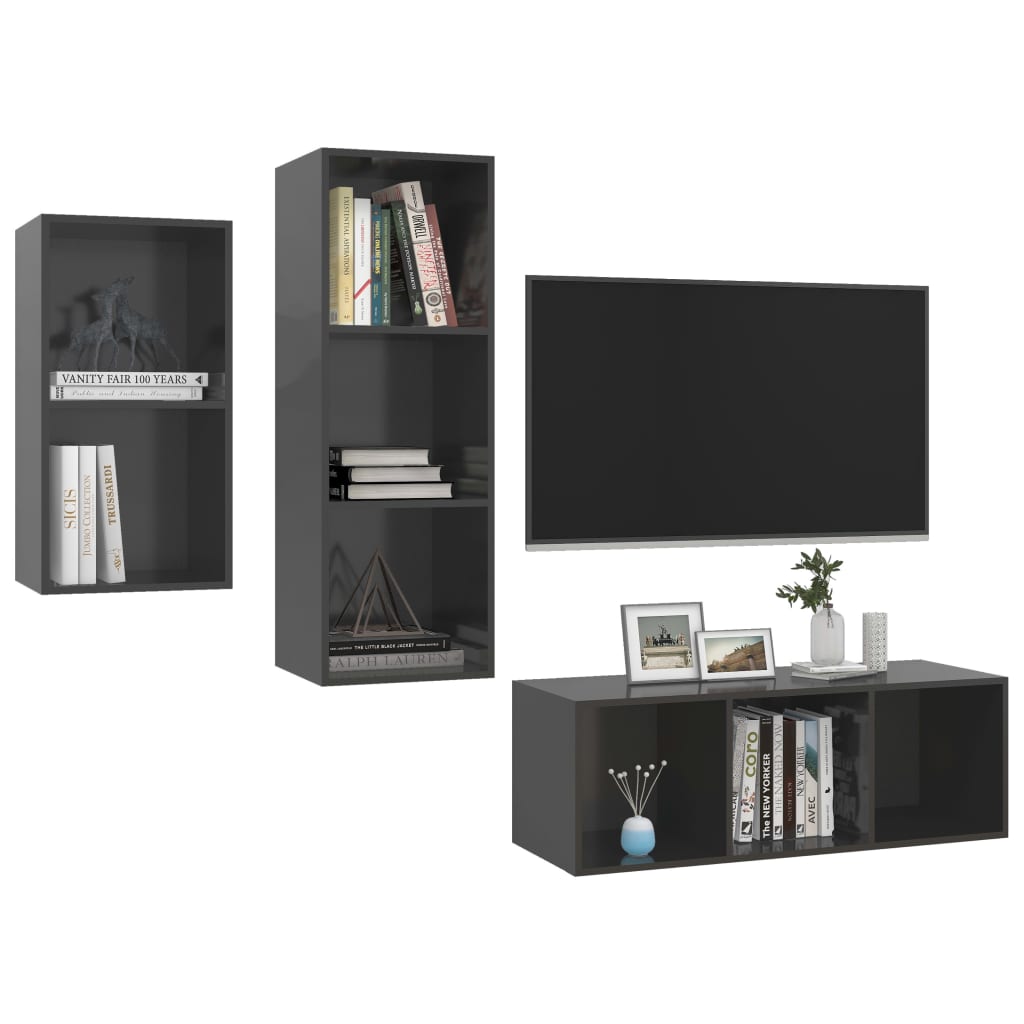 vidaXL Set de dulapuri TV, 3 piese, gri extralucios, lemn prelucrat vidaXL Set de dulapuri TV, 3 piese, gri extralucios, lemn prelucrat