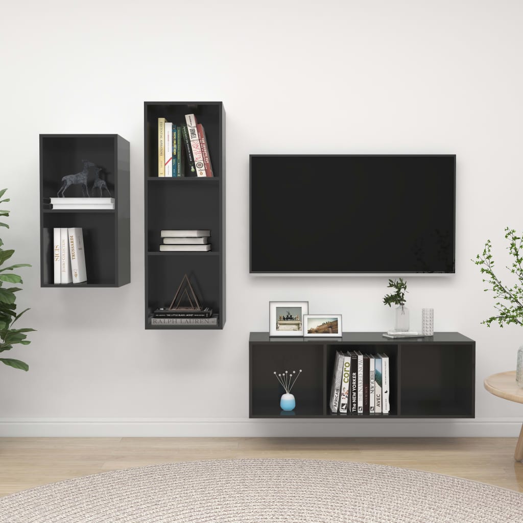 vidaXL Set de dulapuri TV, 3 piese, gri extralucios, lemn prelucrat vidaXL Set de dulapuri TV, 3 piese, gri extralucios, lemn prelucrat