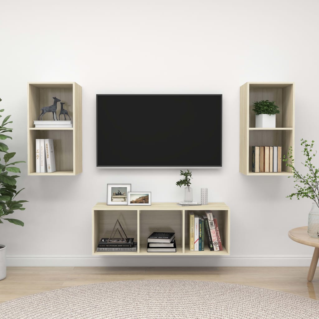 vidaXL Set de dulapuri TV, 3 piese, stejar Sonoma, lemn prelucrat vidaXL Set de dulapuri TV, 3 piese, stejar Sonoma, lemn prelucrat