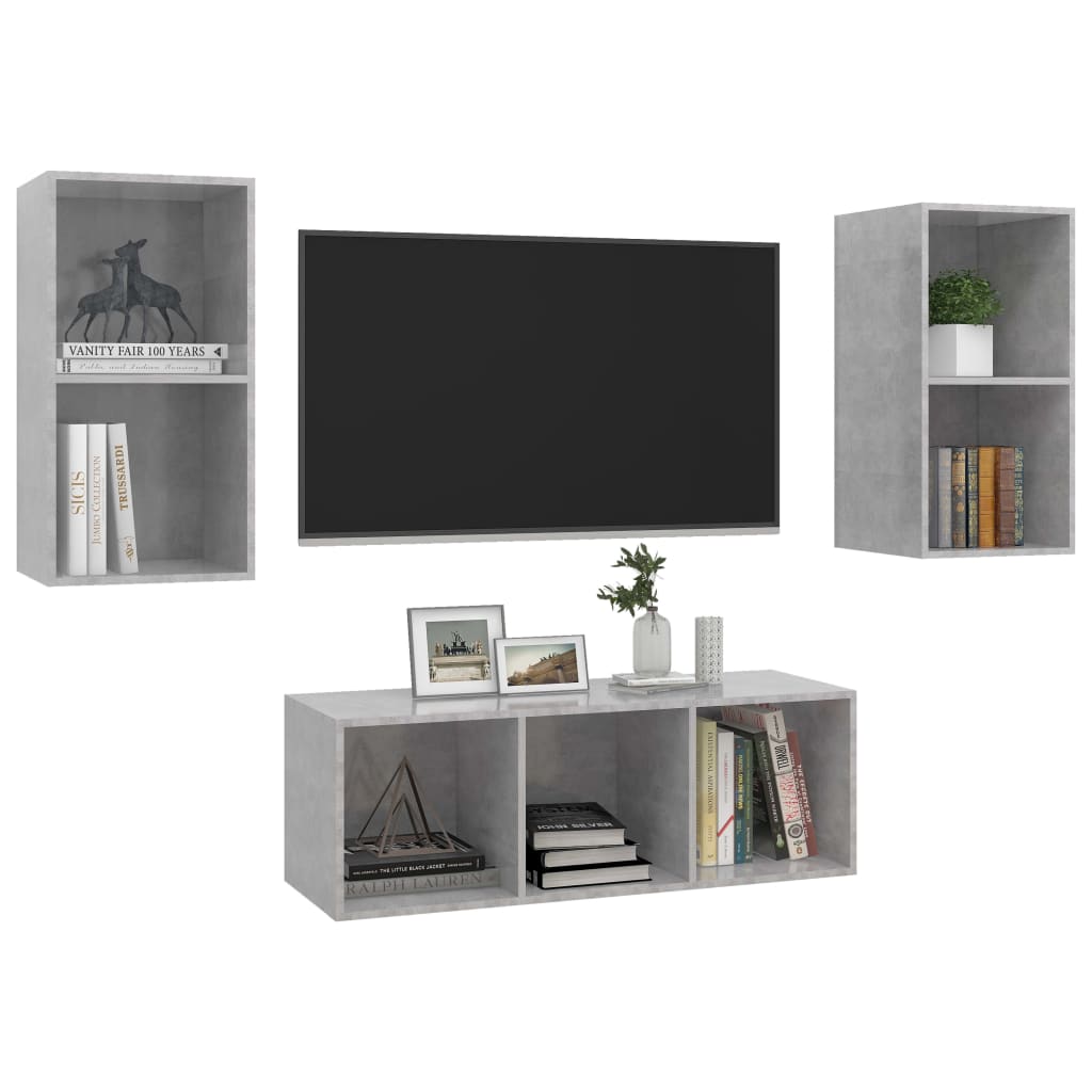vidaXL Set dulap TV, 3 piese, gri beton, lemn prelucrat vidaXL Set dulap TV, 3 piese, gri beton, lemn prelucrat