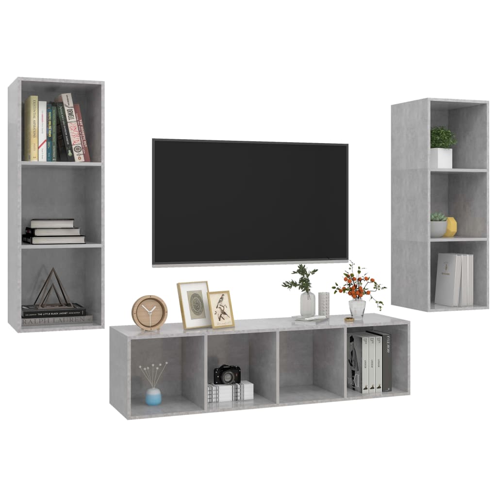 vidaXL Set de dulapuri TV, 3 piese, gri beton, lemn prelucrat vidaXL Set de dulapuri TV, 3 piese, gri beton, lemn prelucrat
