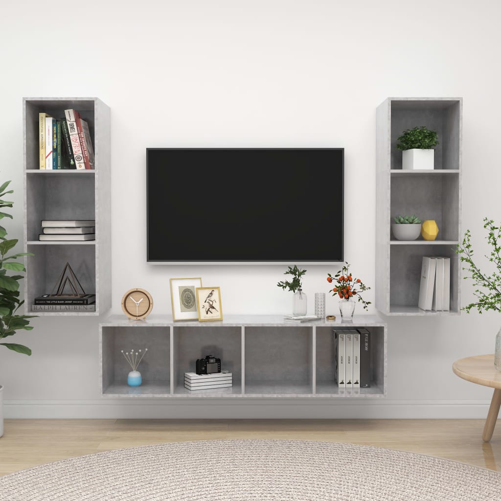 vidaXL Set de dulapuri TV, 3 piese, gri beton, lemn prelucrat vidaXL Set de dulapuri TV, 3 piese, gri beton, lemn prelucrat
