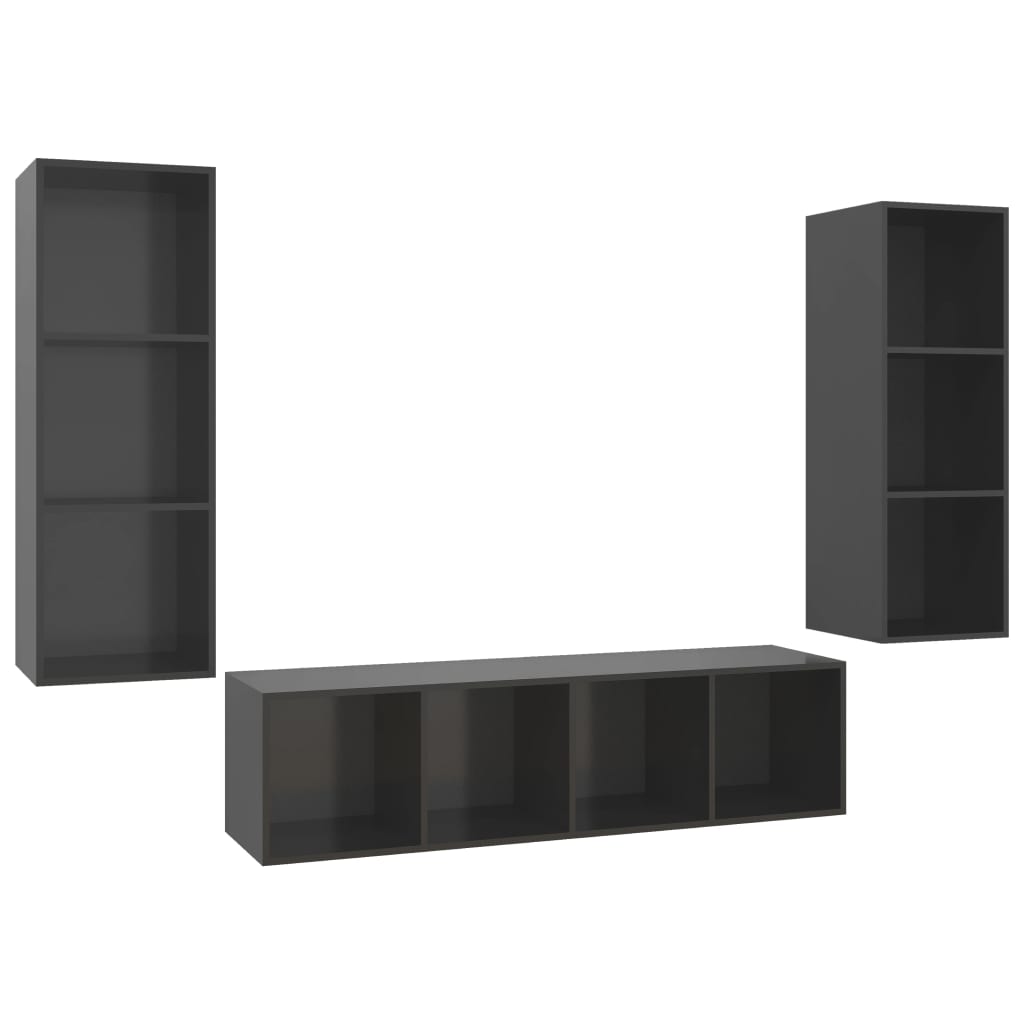 vidaXL Set dulap TV, 3 piese, gri extralucios, lemn prelucrat vidaXL Set dulap TV, 3 piese, gri extralucios, lemn prelucrat