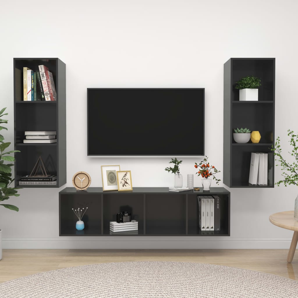 vidaXL Set dulap TV, 3 piese, gri extralucios, lemn prelucrat vidaXL Set dulap TV, 3 piese, gri extralucios, lemn prelucrat
