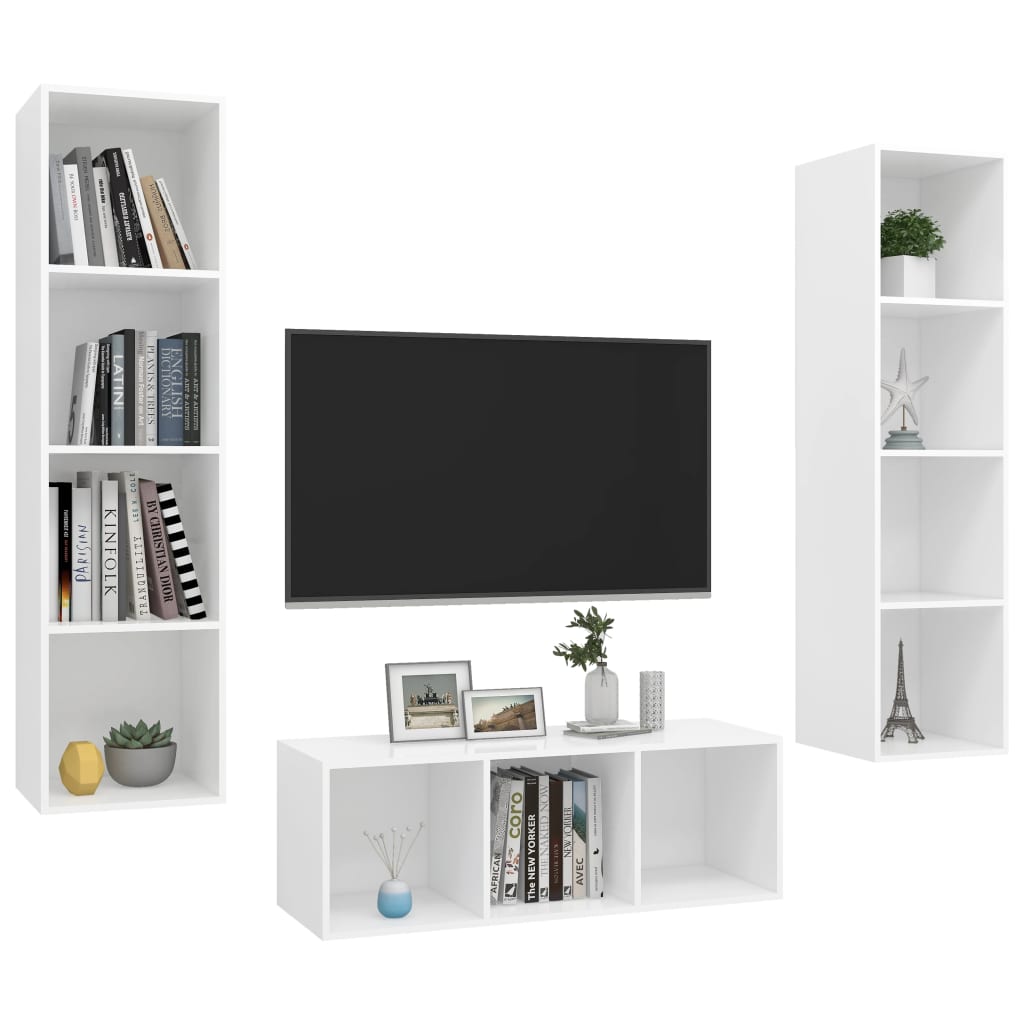 vidaXL Set de dulapuri TV, 3 piese, alb, lemn prelucrat vidaXL Set de dulapuri TV, 3 piese, alb, lemn prelucrat
