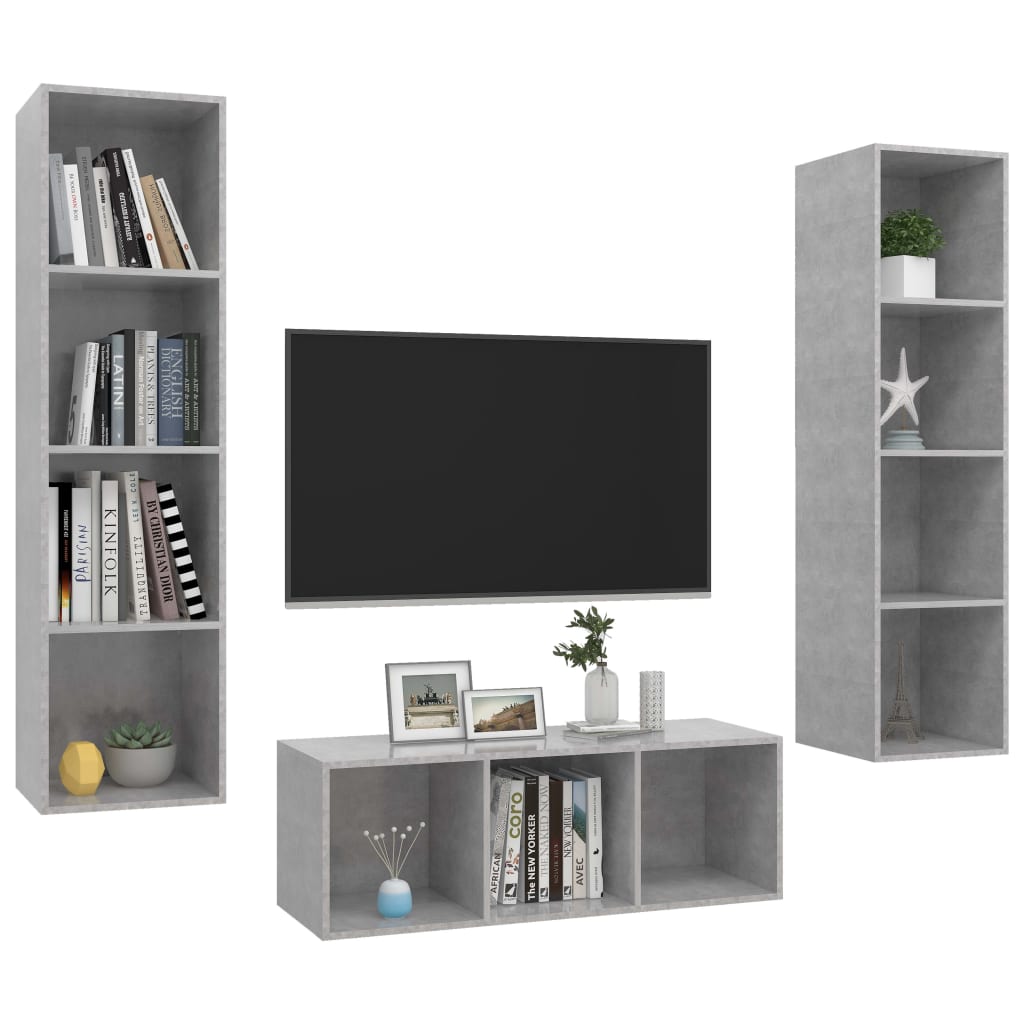 vidaXL Set de dulapuri TV, 3 piese, gri beton, lemn prelucrat vidaXL Set de dulapuri TV, 3 piese, gri beton, lemn prelucrat