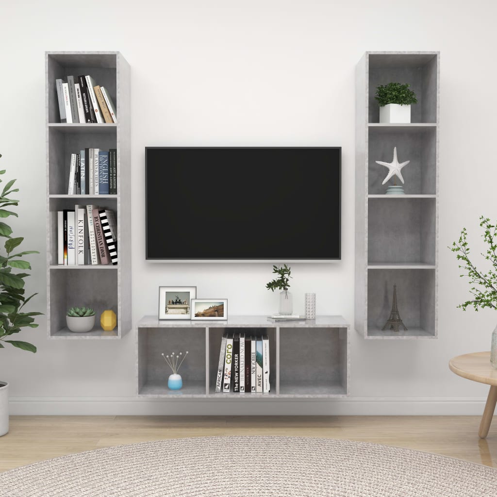 vidaXL Set de dulapuri TV, 3 piese, gri beton, lemn prelucrat vidaXL Set de dulapuri TV, 3 piese, gri beton, lemn prelucrat