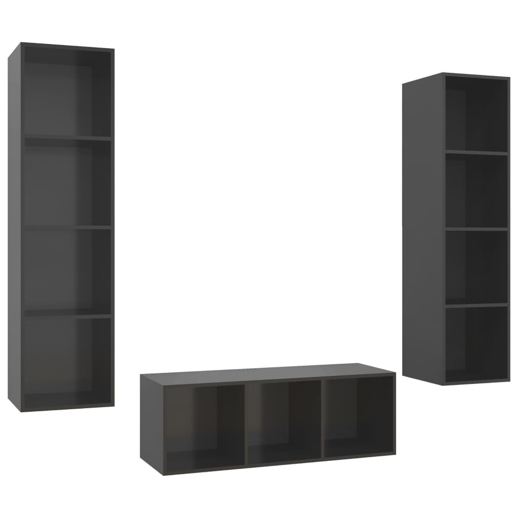 vidaXL Set de dulapuri TV, 3 piese, gri extralucios, lemn prelucrat vidaXL Set de dulapuri TV, 3 piese, gri extralucios, lemn prelucrat