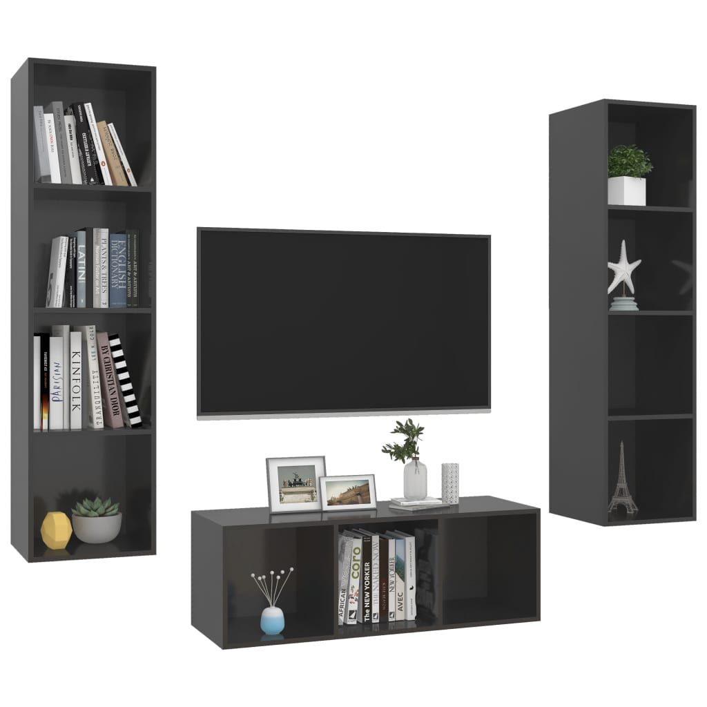 vidaXL Set de dulapuri TV, 3 piese, gri extralucios, lemn prelucrat vidaXL Set de dulapuri TV, 3 piese, gri extralucios, lemn prelucrat