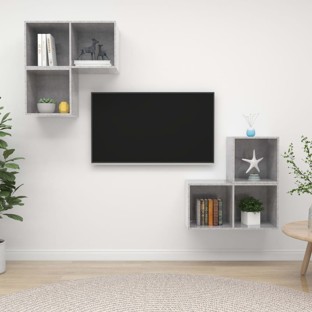 vidaXL Set de dulapuri TV, 4 piese, gri beton, lemn prelucrat vidaXL Set de dulapuri TV, 4 piese, gri beton, lemn prelucrat