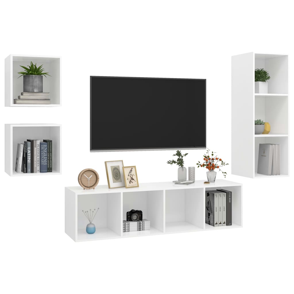 vidaXL Set de dulapuri TV, 4 piese, alb, lemn prelucrat vidaXL Set de dulapuri TV, 4 piese, alb, lemn prelucrat