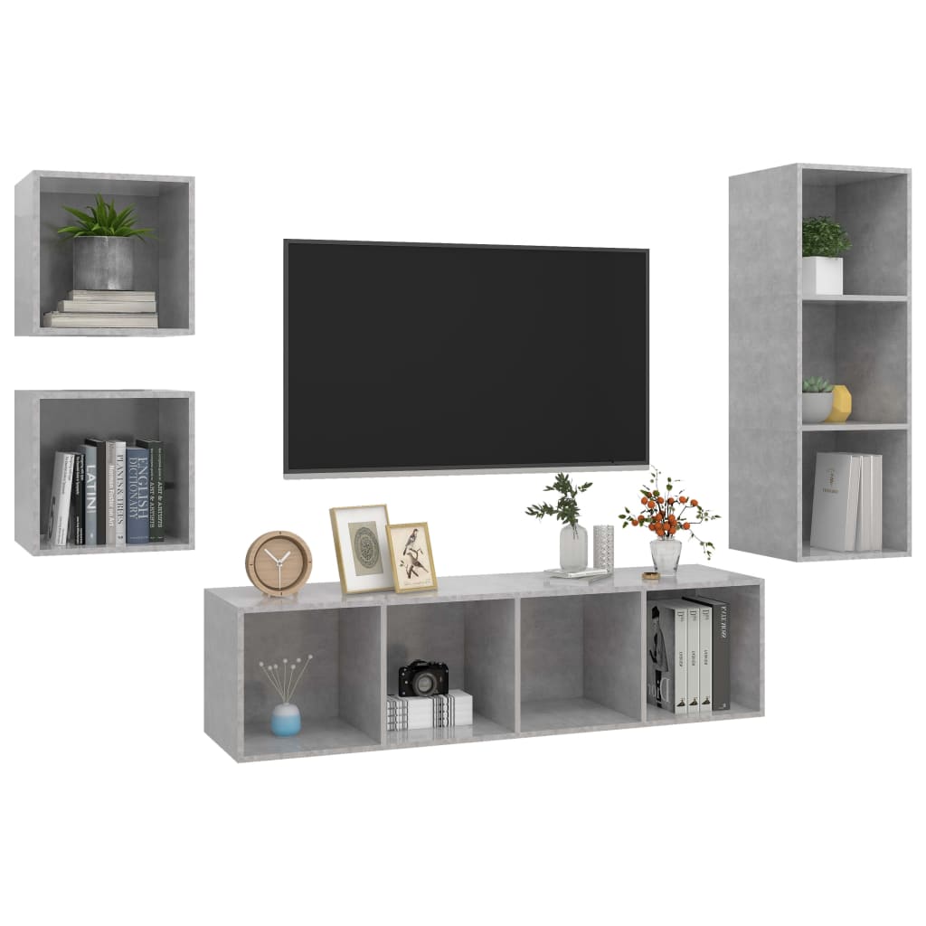 vidaXL Set de dulapuri TV, 4 piese, gri beton, lemn prelucrat vidaXL Set de dulapuri TV, 4 piese, gri beton, lemn prelucrat