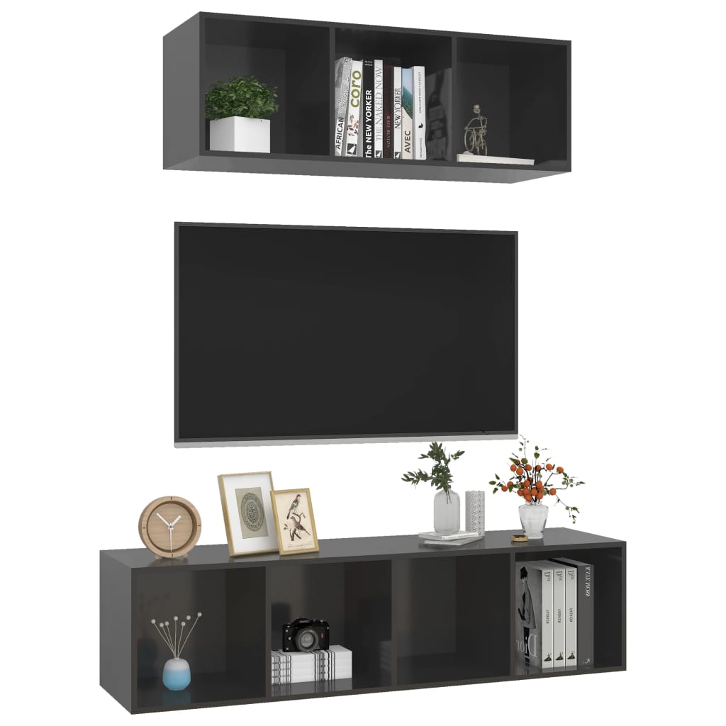 vidaXL Set de dulapuri TV, 2 piese, gri extralucios, lemn prelucrat