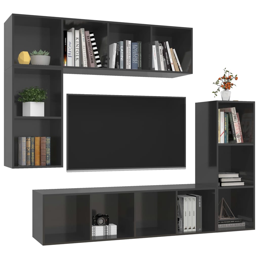 vidaXL Set de dulapuri TV, 4 piese, gri extralucios, lemn prelucrat vidaXL Set de dulapuri TV, 4 piese, gri extralucios, lemn prelucrat
