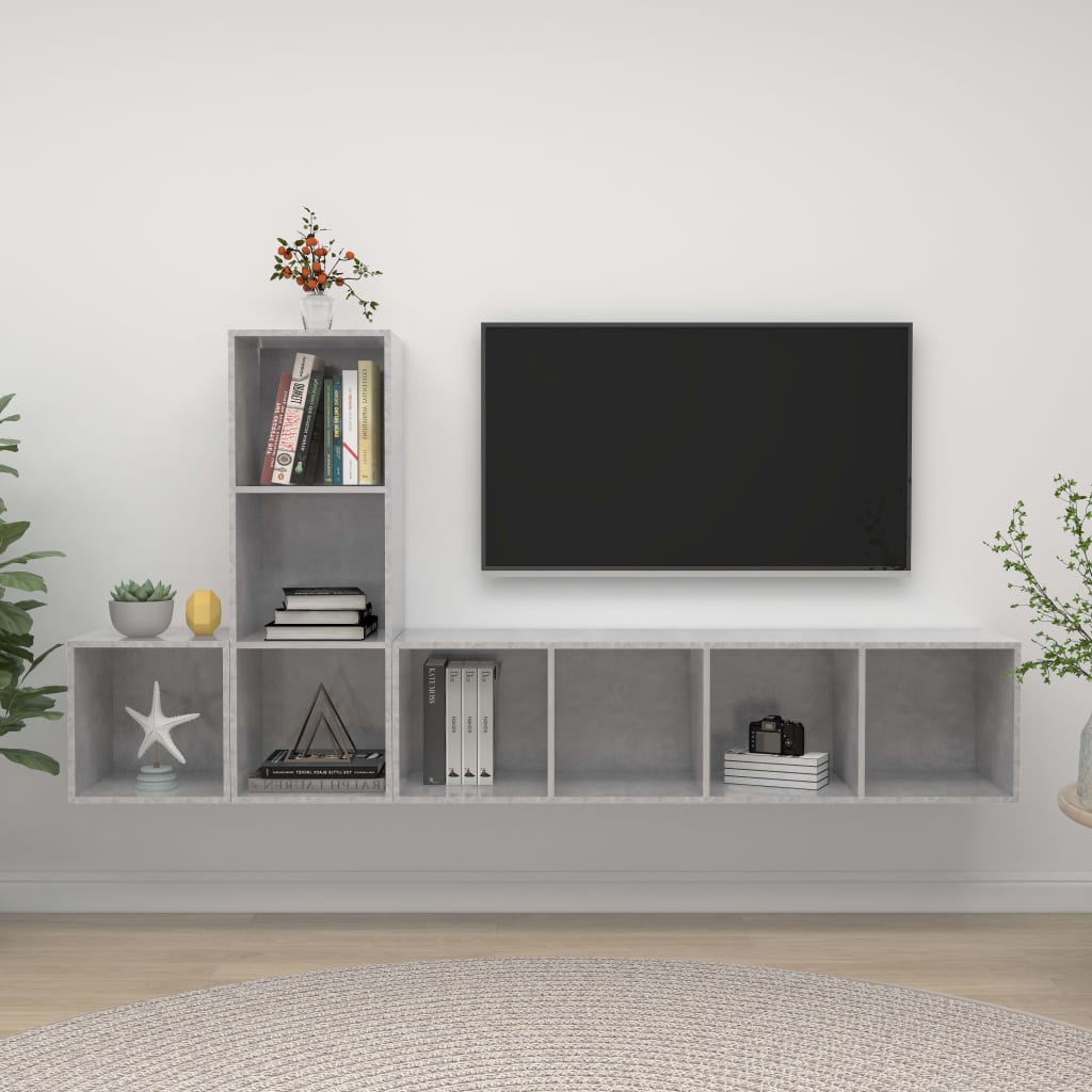 vidaXL Set de dulapuri TV, 3 piese, gri beton, lemn prelucrat vidaXL Set de dulapuri TV, 3 piese, gri beton, lemn prelucrat