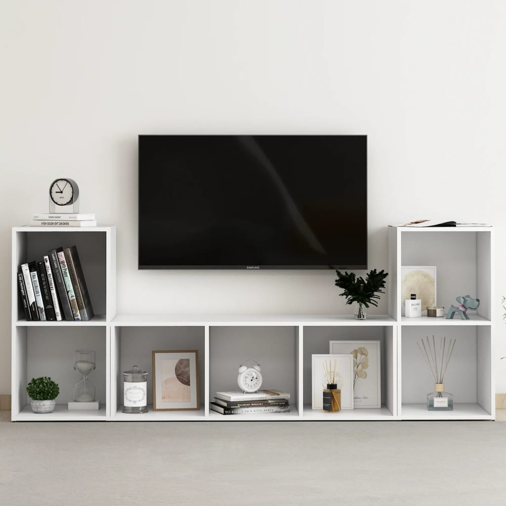 vidaXL Set de dulapuri TV, 3 piese, alb, lemn prelucrat vidaXL Set de dulapuri TV, 3 piese, alb, lemn prelucrat