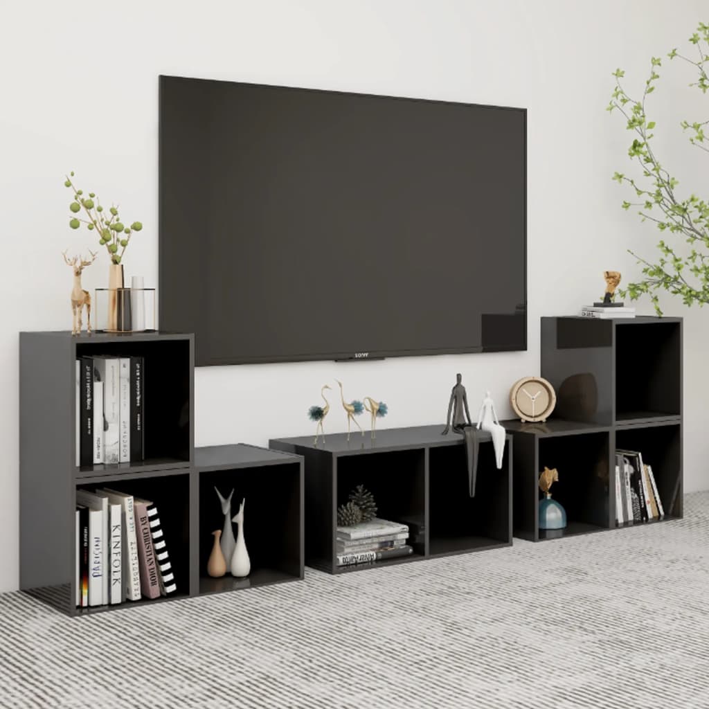 vidaXL Set de dulapuri TV, 6 piese, gri extralucios, lemn prelucrat vidaXL Set de dulapuri TV, 6 piese, gri extralucios, lemn prelucrat