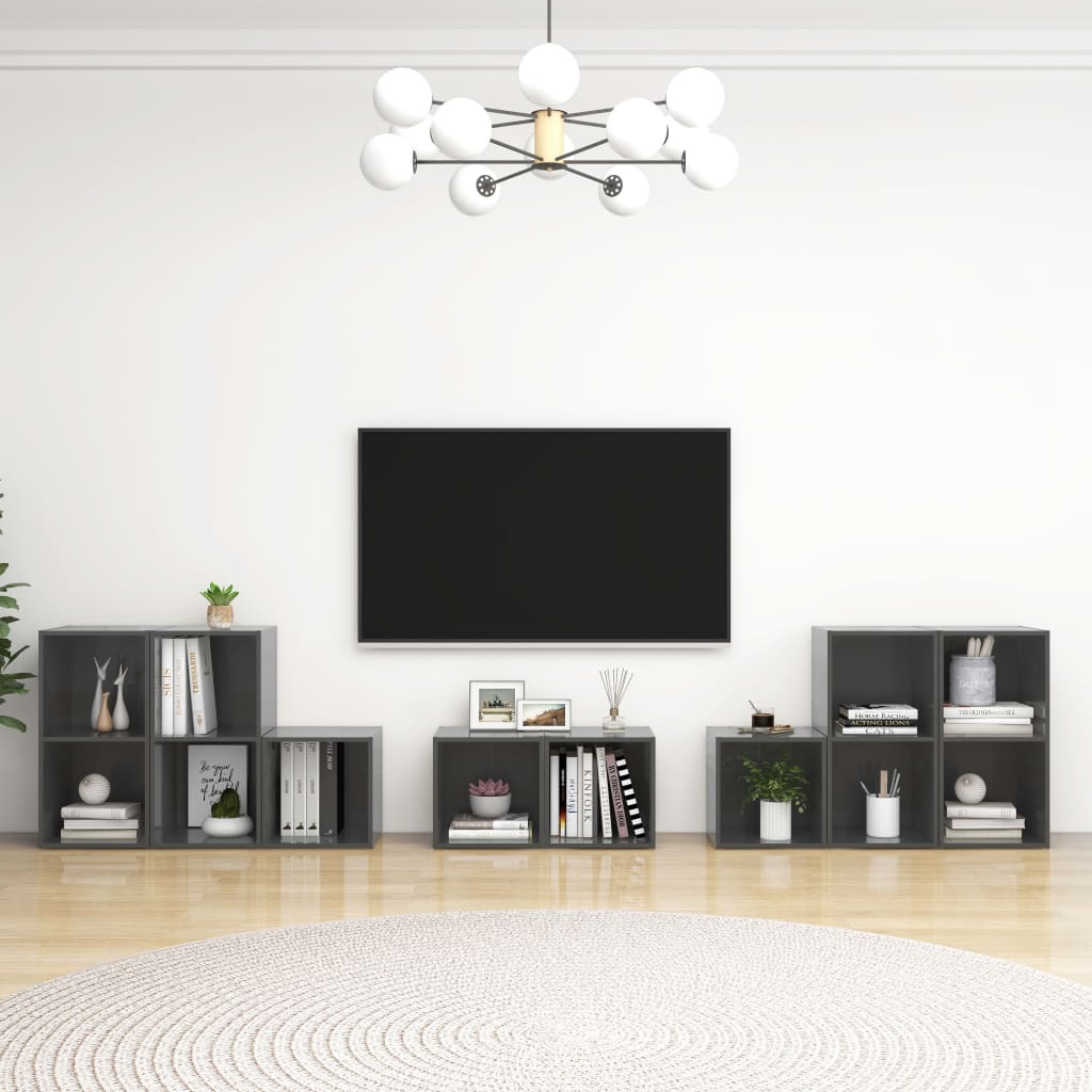 vidaXL Set de dulapuri TV, 8 piese, gri extralucios, lemn prelucrat vidaXL Set de dulapuri TV, 8 piese, gri extralucios, lemn prelucrat