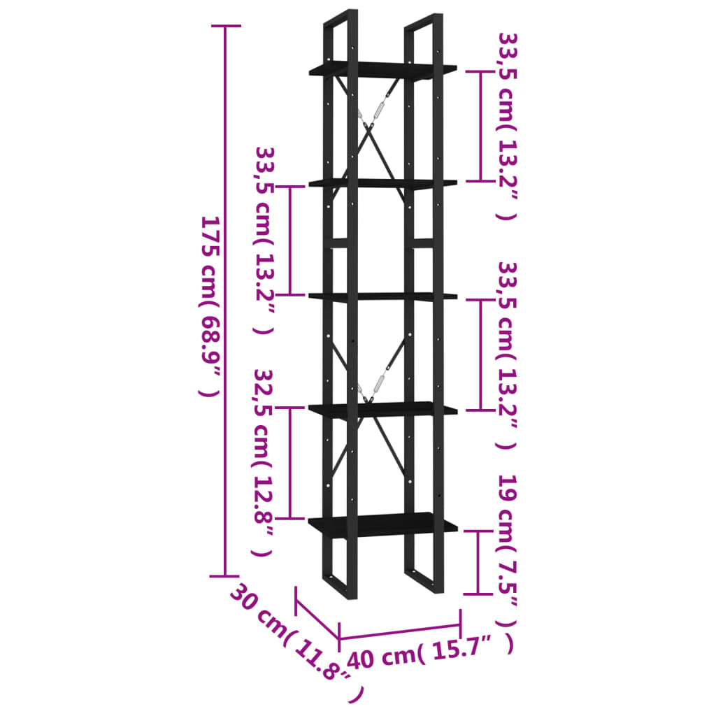 vidaXL Bibliotecă cu 5 rafturi, negru, 40x30x175 cm, lemn de pin vidaXL Bibliotecă cu 5 rafturi, negru, 40x30x175 cm, lemn de pin
