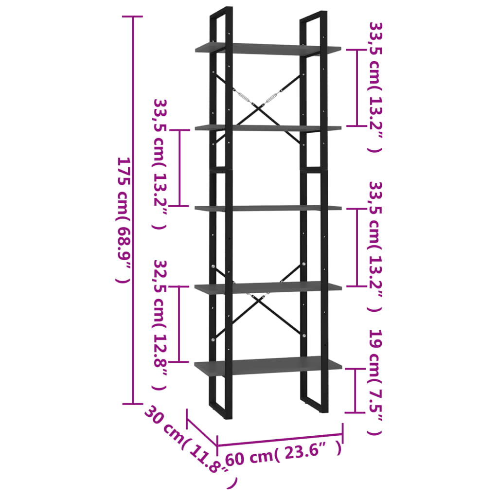 vidaXL Bibliotecă cu 5 rafturi, gri, 60x30x175 cm, lemn prelucrat vidaXL Bibliotecă cu 5 rafturi, gri, 60x30x175 cm, lemn prelucrat